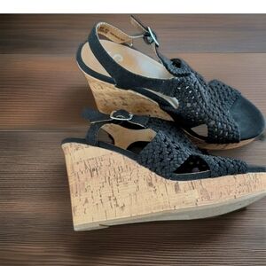 SO Black Woven Cork Wedge Sandals